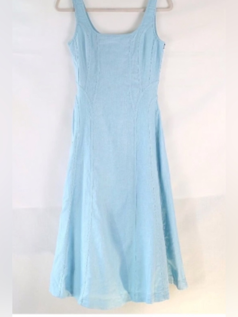 House of Harlow 1960 Blue Linen Blend Square Neck Sleeveless A-Line Midi Dress